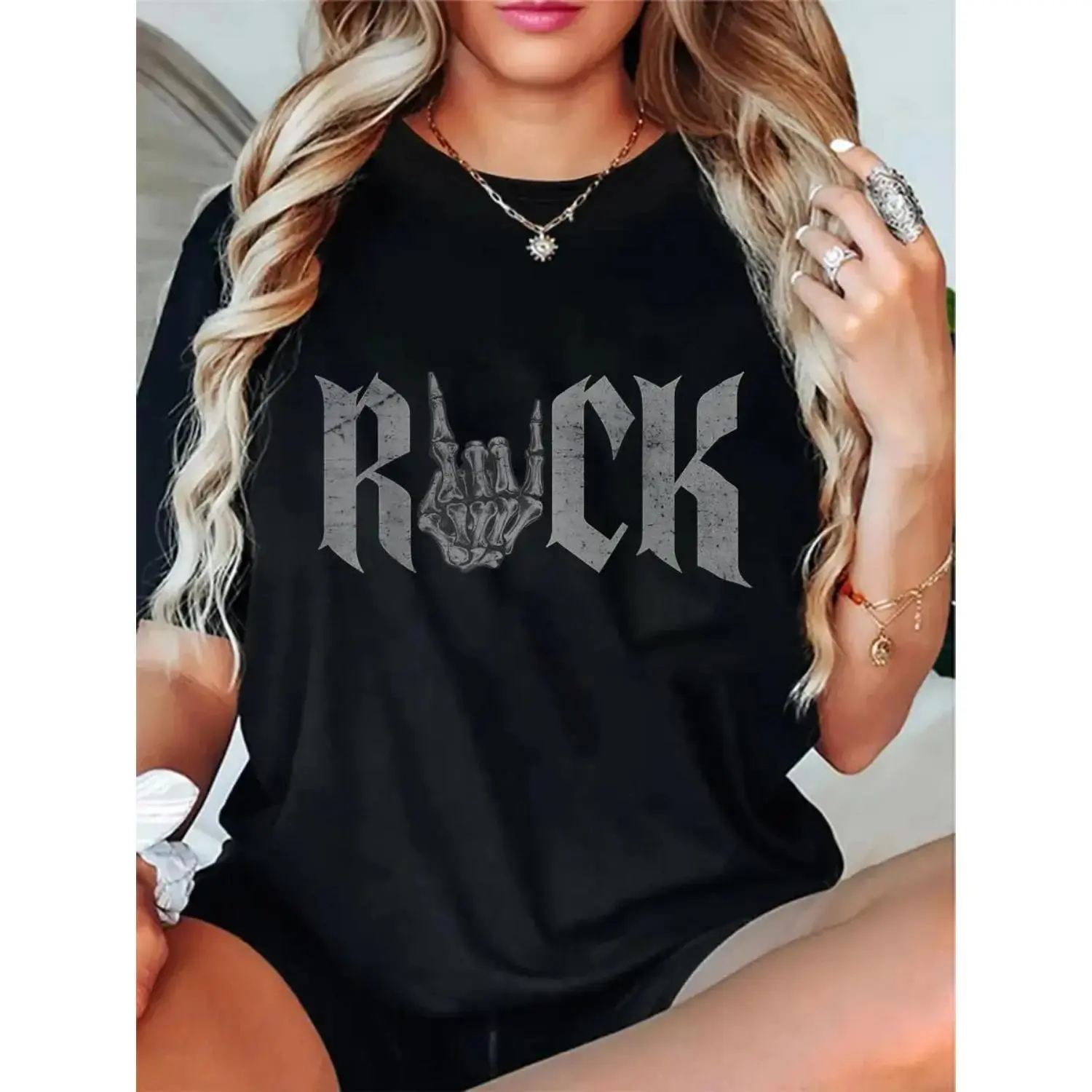 Unisex Cotton Skeleton Hand Rock and Roll Music Band Graphic T-Shirt with Short Sleeves and Round Neck