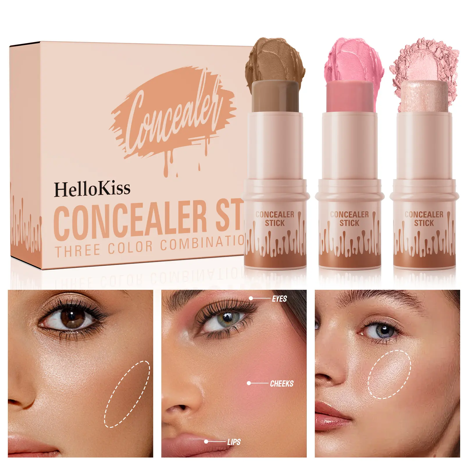 Multi-functional Contouring Stick 3-Piece Set Stereoscopic Modification Highlighting Glow Blush Stick, Cosmetic
