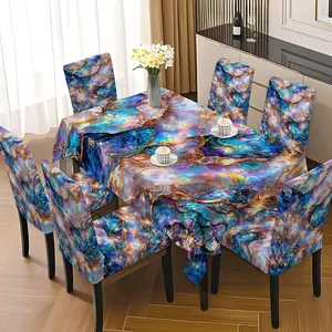 5/7 Pcs 2D Flat Iridescent Rainbow Gold Marble Agate Texture Tablecloth & Chair Cover Set, Stretch Washable Dining Chair Slipcover, Luxury Glitter Aesthetic for Party Banquet & Elegant Home Decor