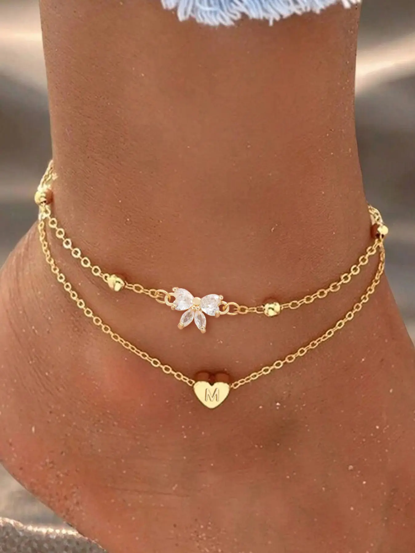 2 Piece Set Heart Initial Bow Women's Ankle Bracelet Anklets Stylish Stainless Steel Chain for All Seasons, Casual Fashion Jewelry, Wearable Jewelry, Trendy Jewelry, Fashion Chic Accessories, Jewellery