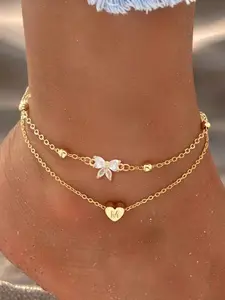 2 Piece Set Heart Initial Bow Women's Ankle Bracelet Anklets Stylish Stainless Steel Chain for All Seasons, Casual Fashion Jewelry, Trendy Jewelry