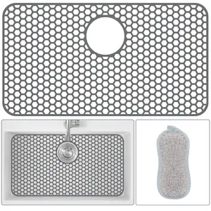 Silicone Sink Protector, 25.79" x 13.9" Rear Drain Kitchen Sink Mat for Sink Bottom, Non-Slip and Heat-Resistant, For Farmhouse and Stainless Steel Sinks, With a Scrub Sponge(Rear Hole)