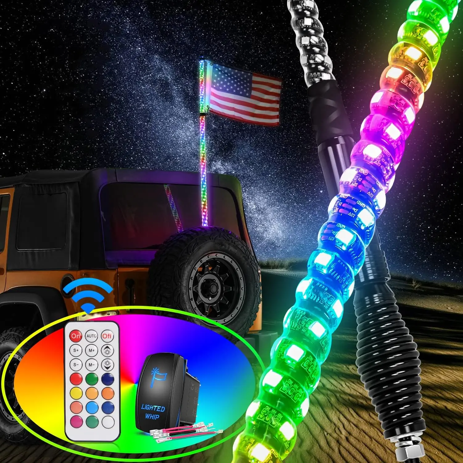 Nilight 1PC 3FT Spiral RGB LED Whip - Strobe Module, Polycarbonate Build, Spring Base, Chasing/Dancing Lights, RF Remote, IP67 Plug-and-Play Safety Antenna for Can-Am, Polaris ATV, UTV, 4 Wheeler, Go Kart, Dune Buggy
