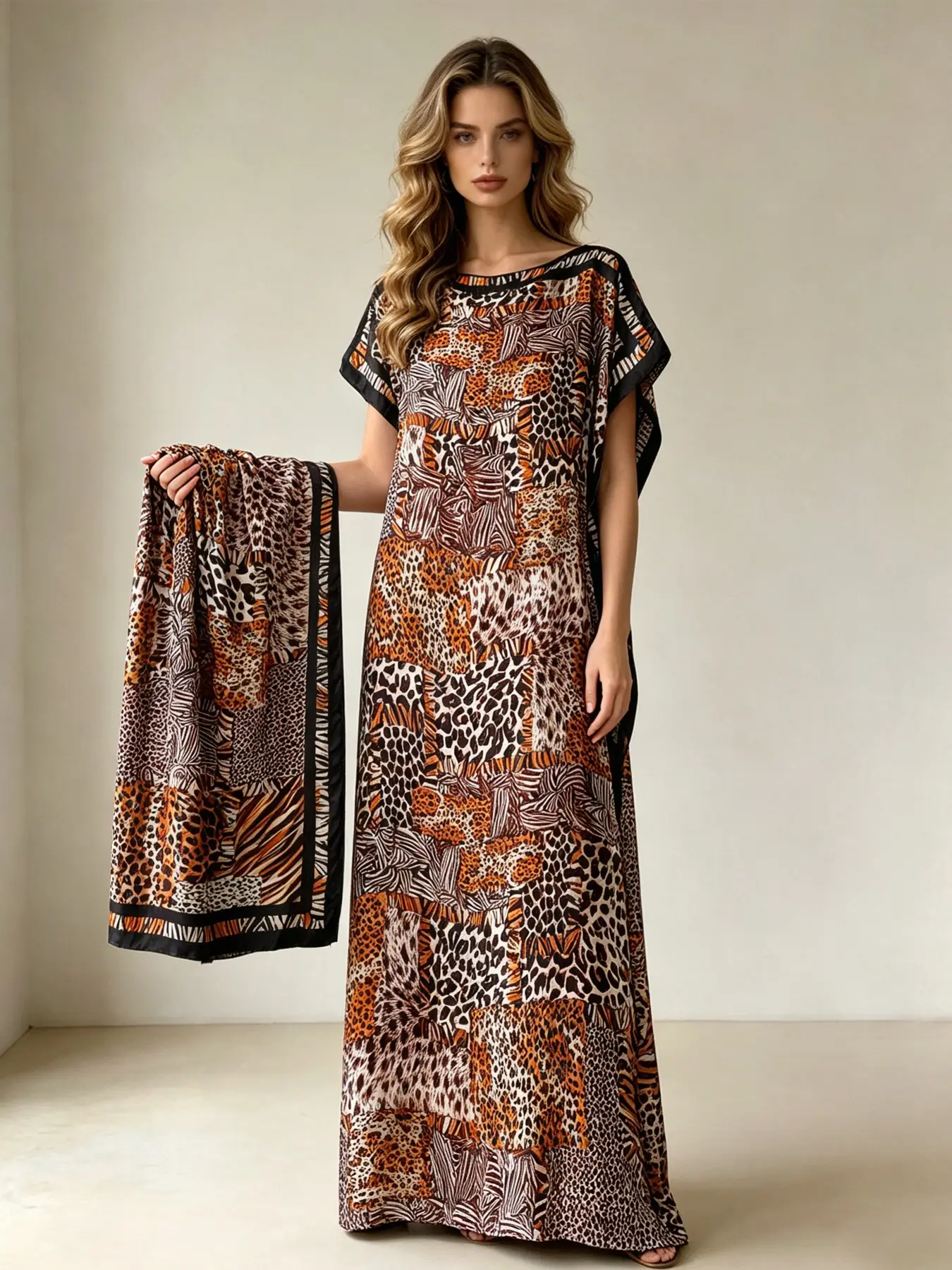 2-In-1 Safari Print Dress & Scarf, Luxe Satin Feel, Wear as Maxi Dress or Wrap Skirt, Perfect for Summer Beach Vacay & Casual Outings