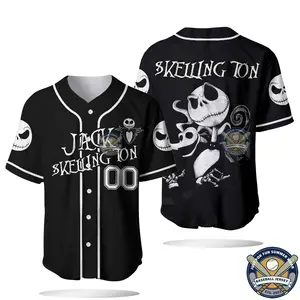 Jack Skellington Baseball Jersey, Personalized Custom Name Nightmare Before Christmas Halloween Shirt Jerseys Breathable Men's Baseball Jersey 3D Printed Unisex Horror Outfit For Halloween Movie Gift Shirt