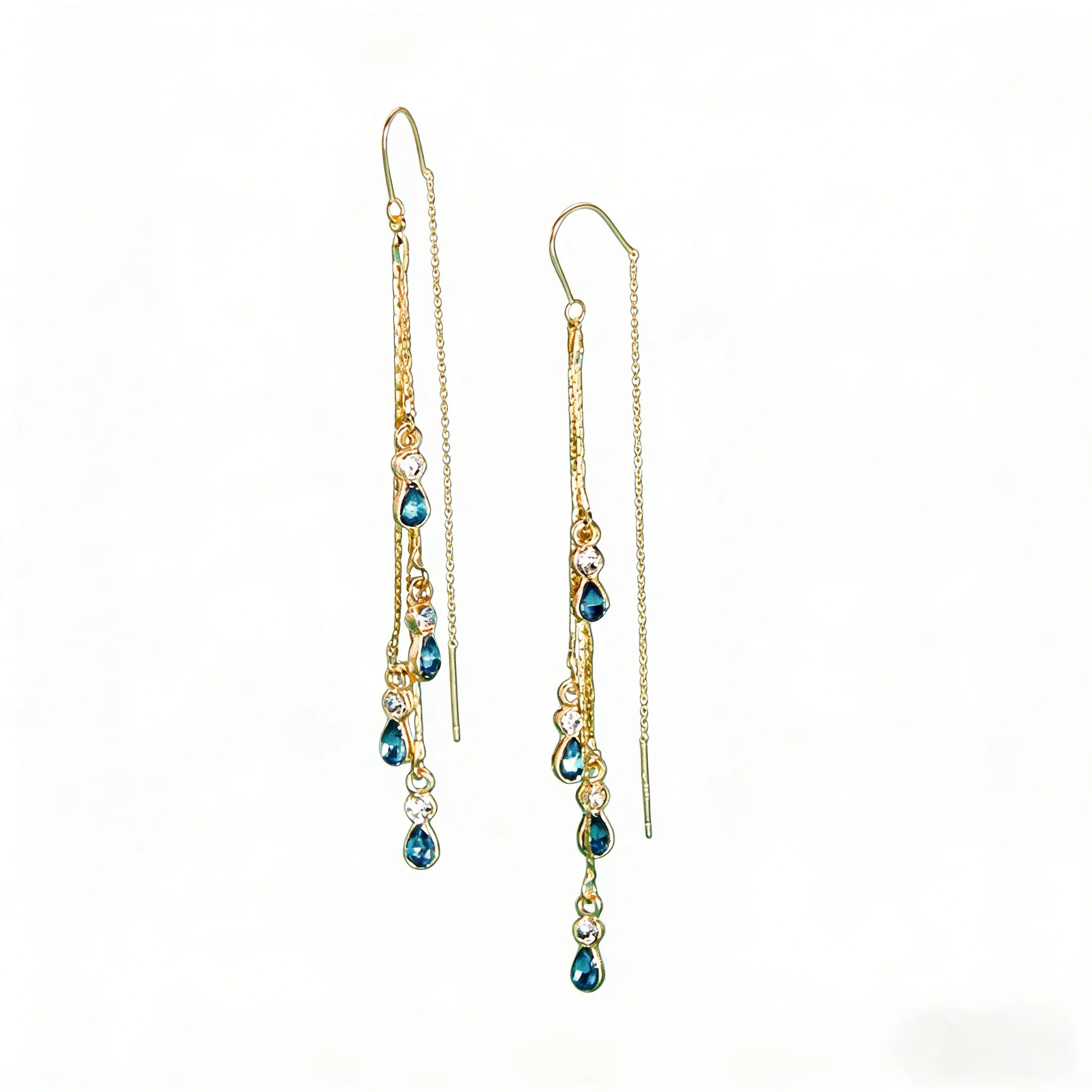 Teardrop Threader Earrings with Green Crystal, Long Gold-Plated Copper Dangle Chain with Adjustable Length for a Wedding or Holiday Party