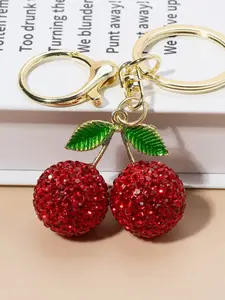 Red Rhinestone Cherry Bag Charm ｜ Crystal Fruit Keychain with Lobster Clasp ｜ Sparkly Pendant Accessory for Car Keys and Handbags