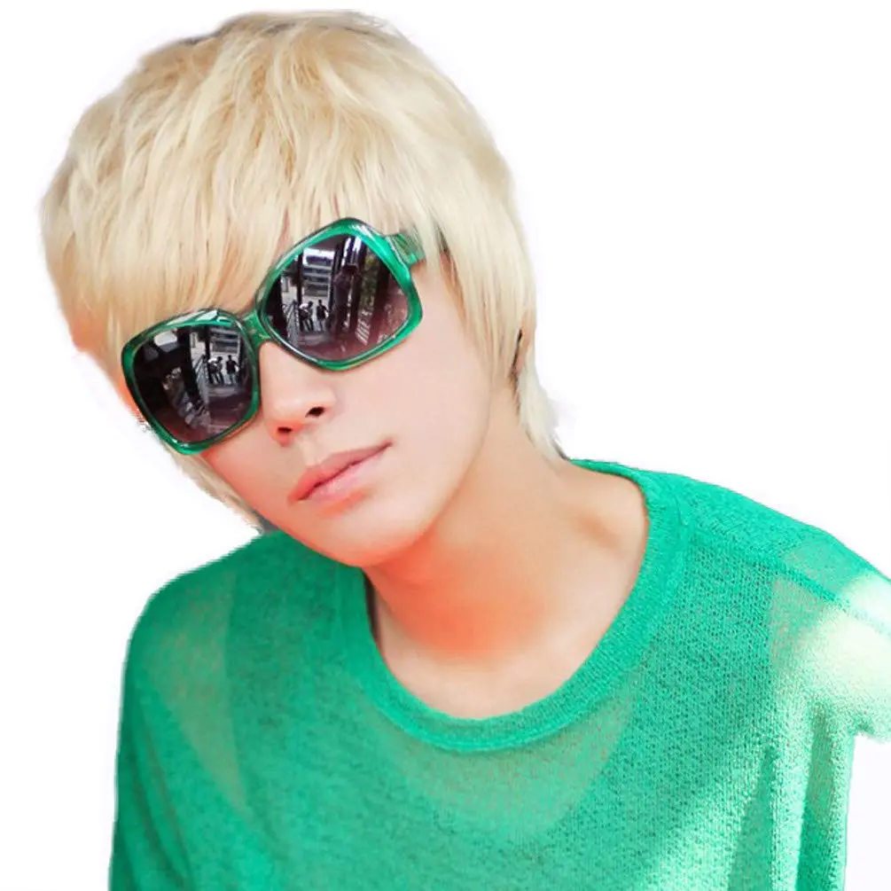 Cool Mens Short Straight Platinum Blonde Wigs Male Boys Party Cosplay Full Wig Synthetic Material Wigs Natural Fluffy Synthetic
