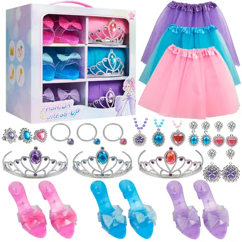 Princess Dress Up Toys & Jewelry Boutique for Toddler and Girls Aged 3-6 Years Old, Dress Up Set with 3 Color Skirts, Shoes and Crowns | Role Play Costume Gifts for Birthday Christmas Halloween