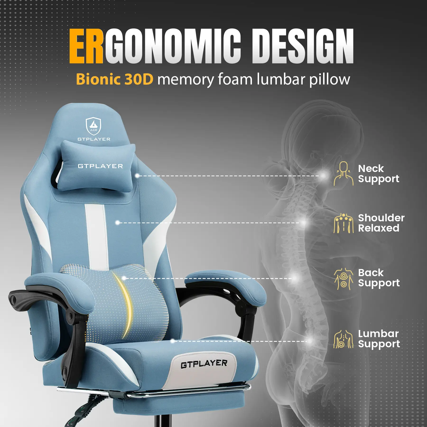 【Majorly upgraded ergonomic chair】Can be laid down for sleeping at 135 degrees. GTPLAYER gaming chair with footrest, fabric office chair with pocket s