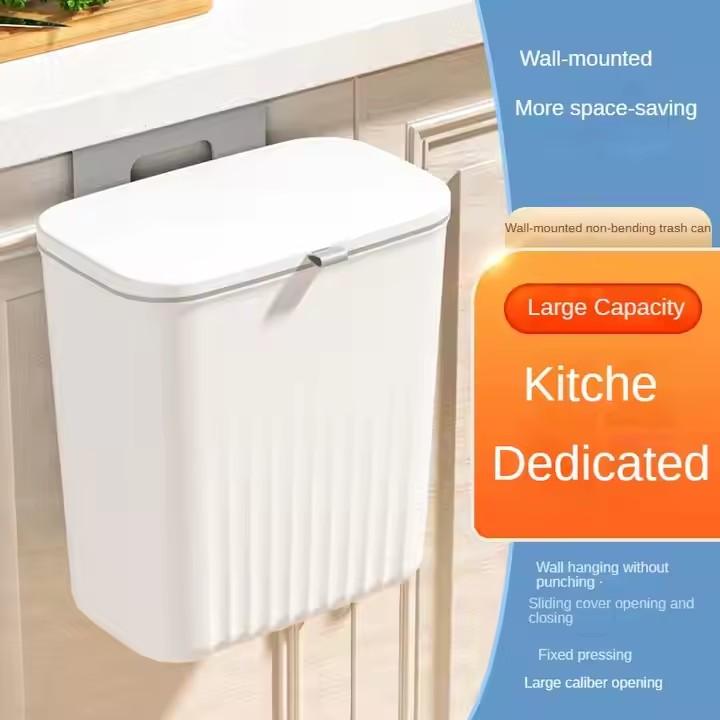 9L Wall Mounted Kitchen Trash Can with Lid - Hanging Garbage Bin for Cabinet Door, Bathroom, and Countertop Use