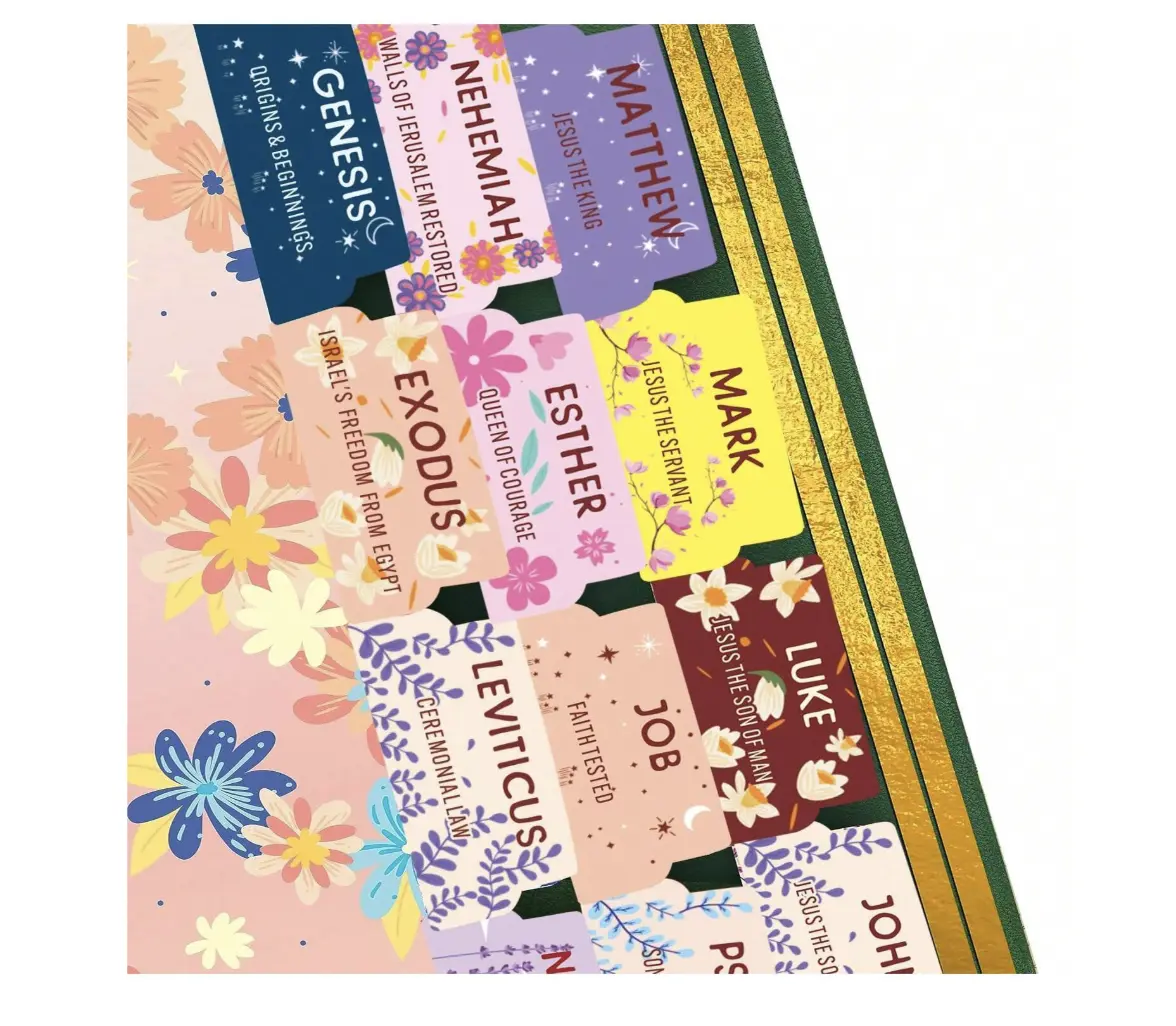 75-Tab Floral Design Bible Removable Dividers Tabs, Peel-and-Stick Laminated Decorative Stickers, Large Print High Readability Indexing Aid with Ample Indexing Options, Bible Study Supplies, Office Stationery Accessories sohochic