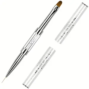 Dual-Ended Nail Art Brush, Rhinestone-Encrusted Metal Handle, 2-in-1 Gel Builder & Liner Pen