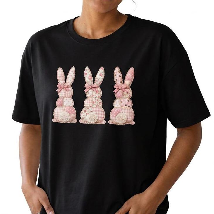 Cottagecore Patchwork Bunny Trio Women's 100% Cotton T-Shirt Breathable Spring Easter Tee
