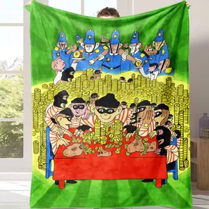 A satirical cartoon-style blanket depicting a gang of thieves confronting the police in a confrontational manner，Suitable for use in offices, sofas, and travel settings, etc，Suitable for all four seasons A gift suitable for fans, friends and children