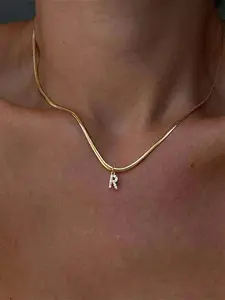 Women's Classic Vintage Stainless Steel Herringbone Chain Necklace, Micro-Zircon Letter Pendant, Casual All-Season Jewelry, Necklace Initial