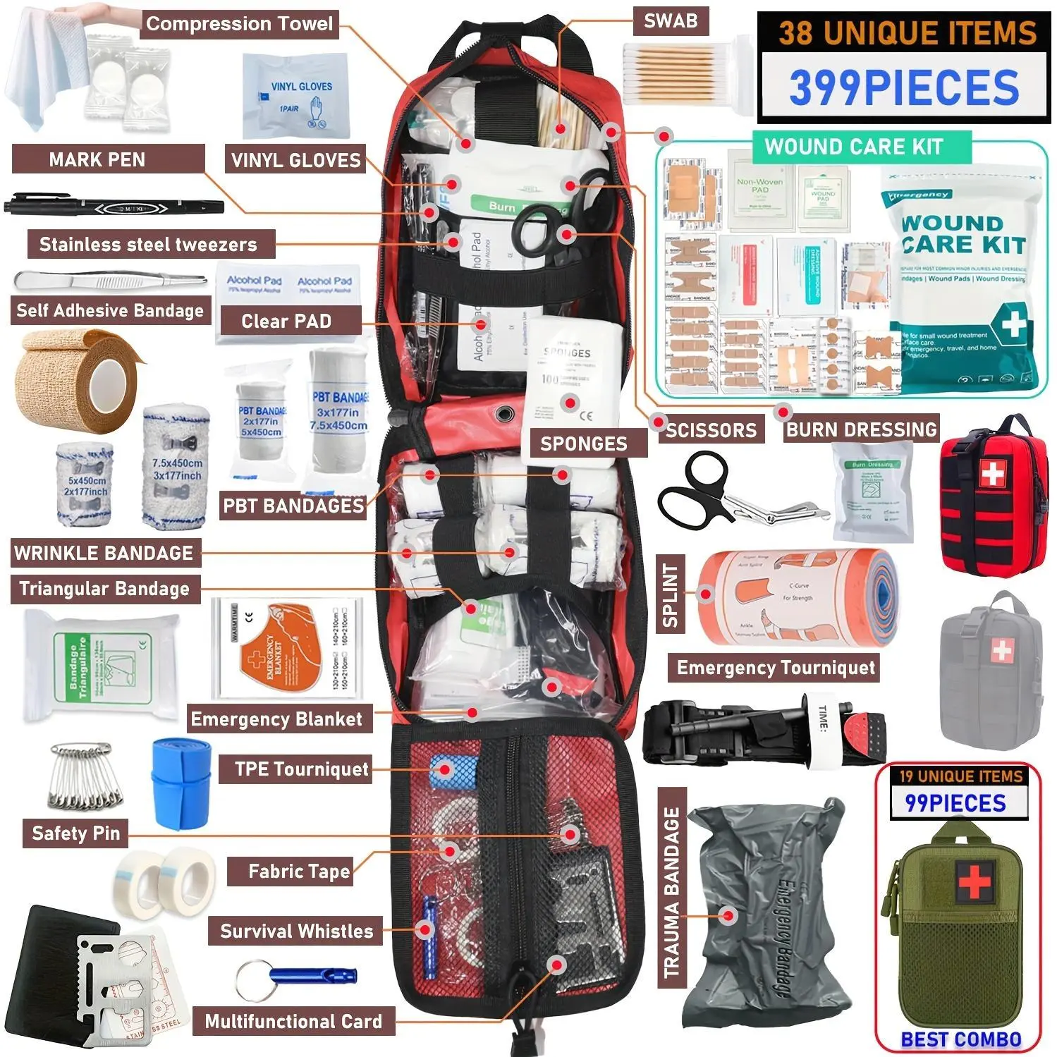 399pcss/99pcs Professional Portable First Aid Kit Survival Gear For Hiking, Camping, Hunting, Car, Boat, Travel, Emergency Disaster Prep - Gifts For Men, Boyfriend, Valentine (Includes Scissors, Tweezers, Splints)
