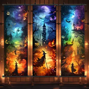 Halloween Hanging Banner, 3 Counts/set Cartoon Mystery Witch & Pumpkin Head Pattern Wall Art, Horror Poster, Party Poster, Living Room Decoration, Home Decoration