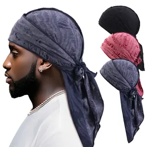 3PCS Long Tail Unisex Adult Doo Rag Durag Bandanas Cap Vintage Ripped Pirate Cap Turban Men Hip Hop Headband Biker Headwrap Women Headwear