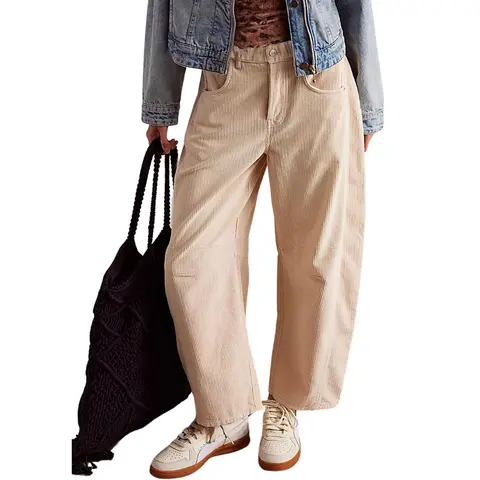 UANEO Women's Corduroy Pants Barrel Mid-Rise Elastic Waist Cord Pants Casual Wide Leg Baggy Trouser with Pockets