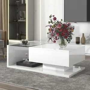 Coffee Table with Tempered Glass, Wooden Cocktail Table with High-gloss UV Surface, Modernist 2-Tier Rectangle Center Table for Living Room, White