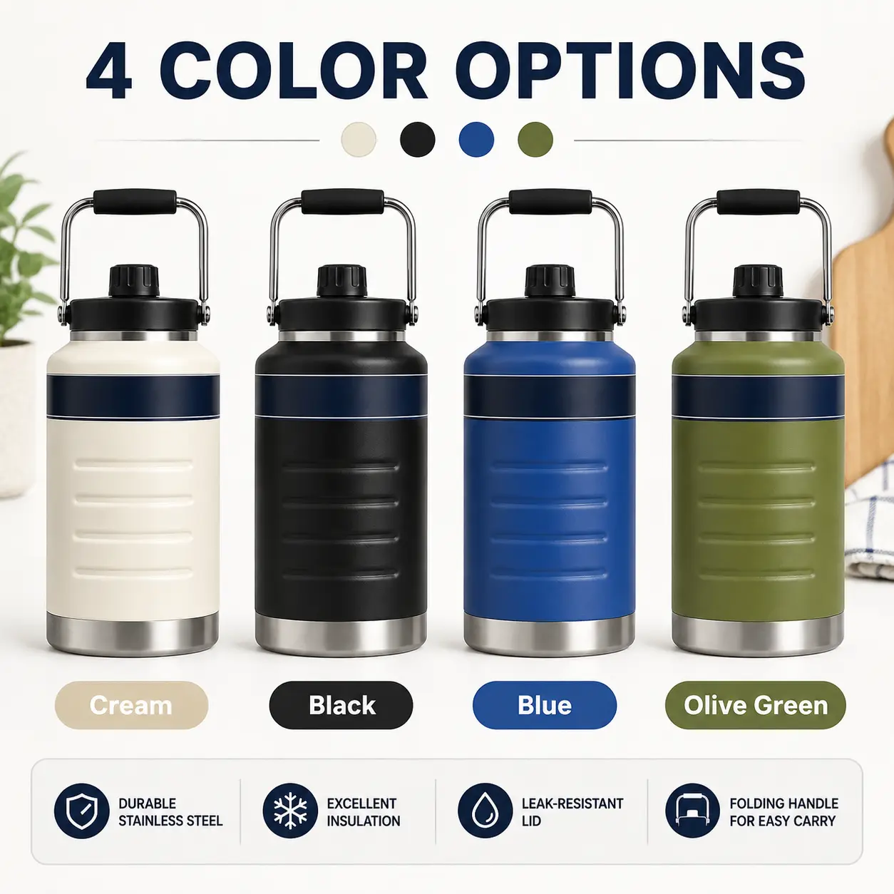 71 oz Large Capacity Insulated Water Jug, Stainless Steel Wide Mouth Water Bottle with Handle and Magnetic Cap Holder, Leakproof, Keeps Drinks Hot or Cold Up to 12 Hours for Work, Gym, Camping and Travel Organiser Canister