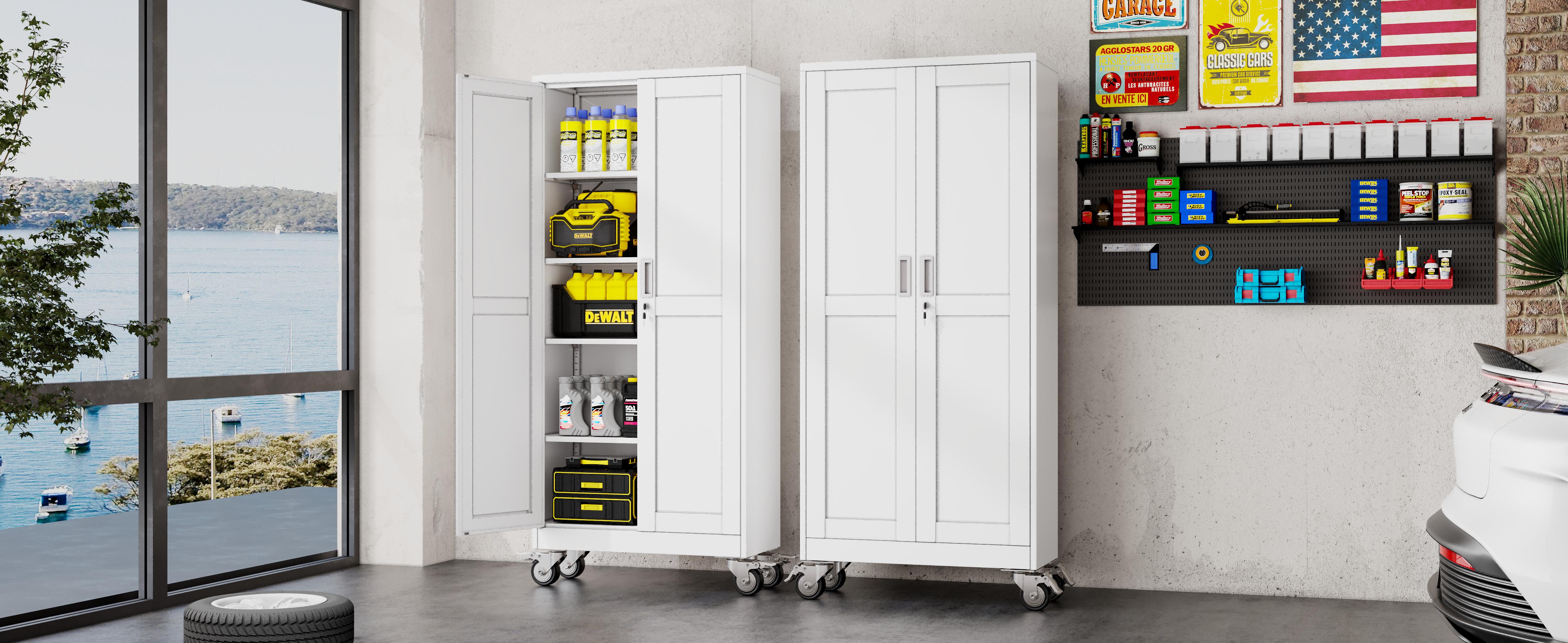 Heavy-Duty Metal Storage Cabinet with Wheels, 2-Door Steel File Cabinet with 5 Adjustable Shelves for Garage, Home Office & Warehouse Heavy-Duty Metal Storage Cabinet with Wheels, 2-Door Steel File Cabinet with 5 Adjustable Shelves for Garage, Home Office & Warehouse