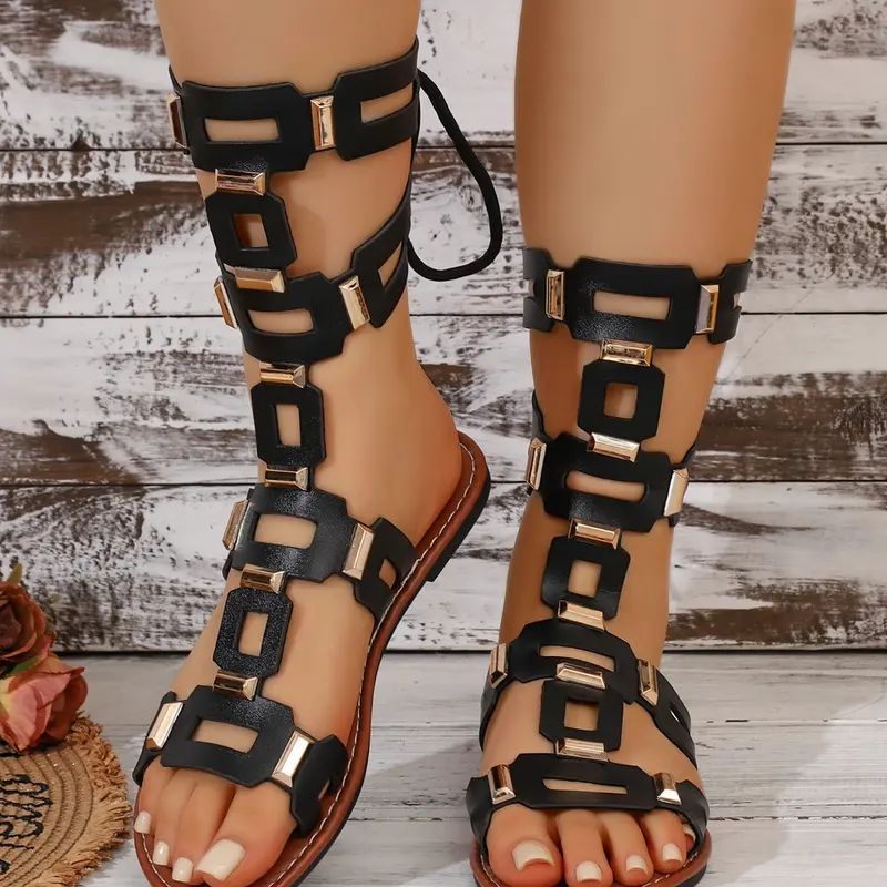 Fashion Multicolor Metal Accent Hollow Out Women Long Sandals with, Unique Geometric Buckle Design, Comfortable Flat Sole, Summer Trendy Shoes