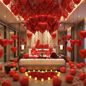 Valentine's Day Decorations Set - Red Heart Balloon Kit with LOVE Foil, LED Candle Lights & Rose Petals, Romantic Room Decor for Proposal, Bedroom or Hotel