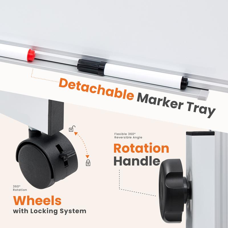 Rolling Whiteboard Double Sided , Magnetic White Board Dry Erase 46"x32" on Wheels, Dry Erase Board with Stand for School, Office and Home, Silver Aluminium Frame