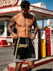 Men's Legend 8-24 Lakers Basketball Shorts, Vintage Gold Street Style, Loose-Fit Geometric Pattern, Casual Fitness Five-Pocket Pants