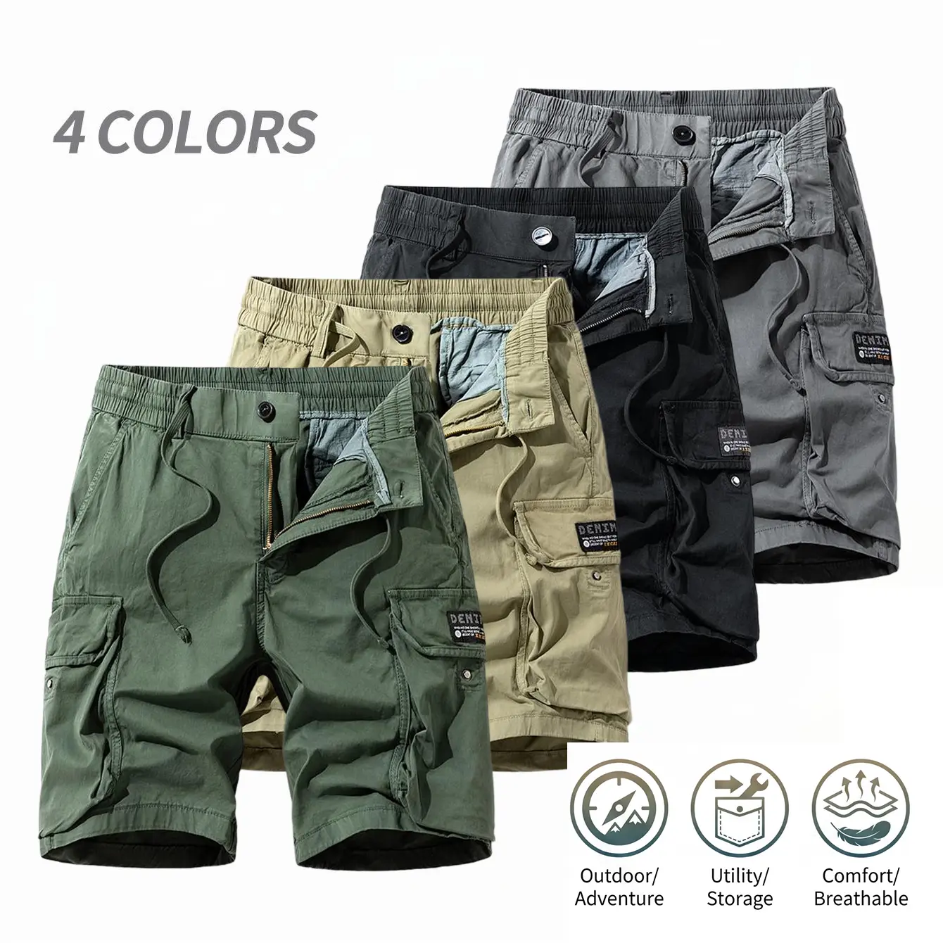 Men’s functional workwear shorts with 3D cargo pockets, available in multiple colors, elastic drawstring waist, straight cut mid-length, suitable for commuting and outdoor activities.