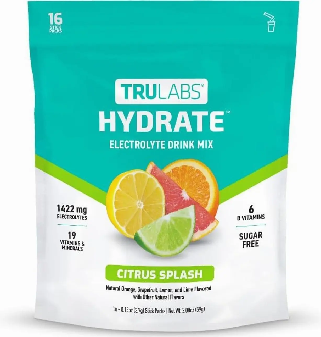 TRULABS Hydrate - Citrus Splash. Sugar Free Electrolytes Hydration Packets. Each Serving Contains 1422 mg of Electrolytes &19 Vitamins & Minerals (16 ct)