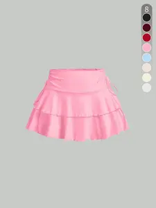 Women's Solid Color Ruffle Trim Tie Side Stretch Skirt, Casual Fashion Short Skirt for Daily Outdoor Wear, Ladies Bottoms for Summer