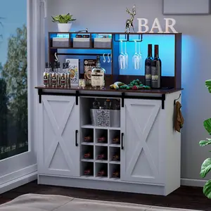 Coffee Bar Cabinet,Adjustable Shelf and Wine Racks with 20-Color LED Lights and 6.5FT Outlet, Kitchen Buffet Storage Cabinet, 47'' Sideboard Buffet Cabinet with Sliding Barn DoorFurniture Beverages Compartment Drinks Organize