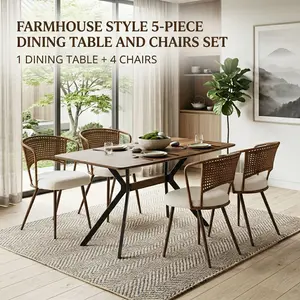 [2 Packages] 5-Piece Dining Table and Chairs Set for 4, Modern Farmhouse MDF Table with Shelf & Wicker Cane Back Chairs for Kitchen Dining Room, Walnut+Beige
