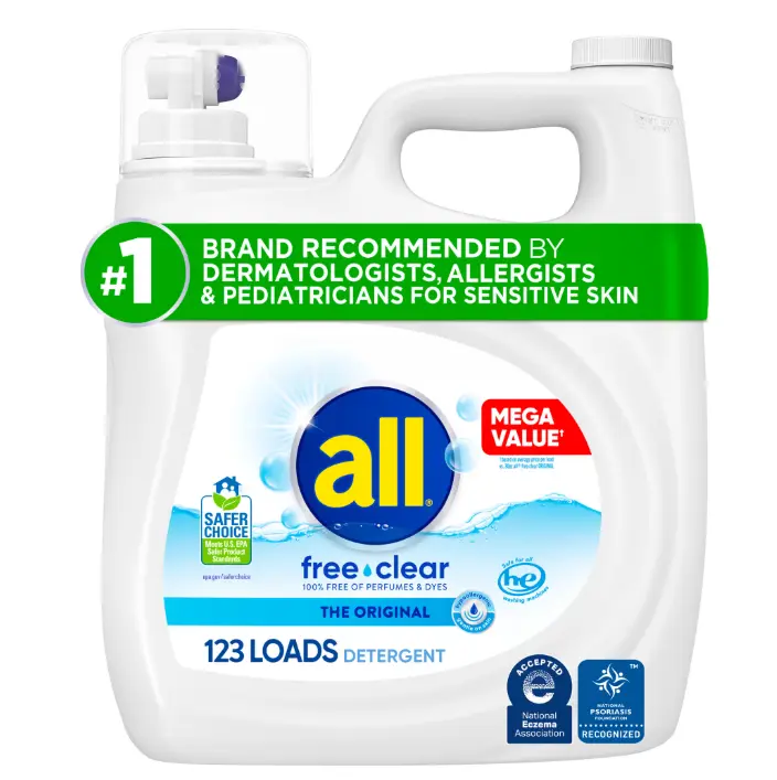 All Free & Clear Detergent - 123 Loads, 100% Free of Perfumes & Dyes, Mega Value, Dermatologist Recommended for Sensitive Skin