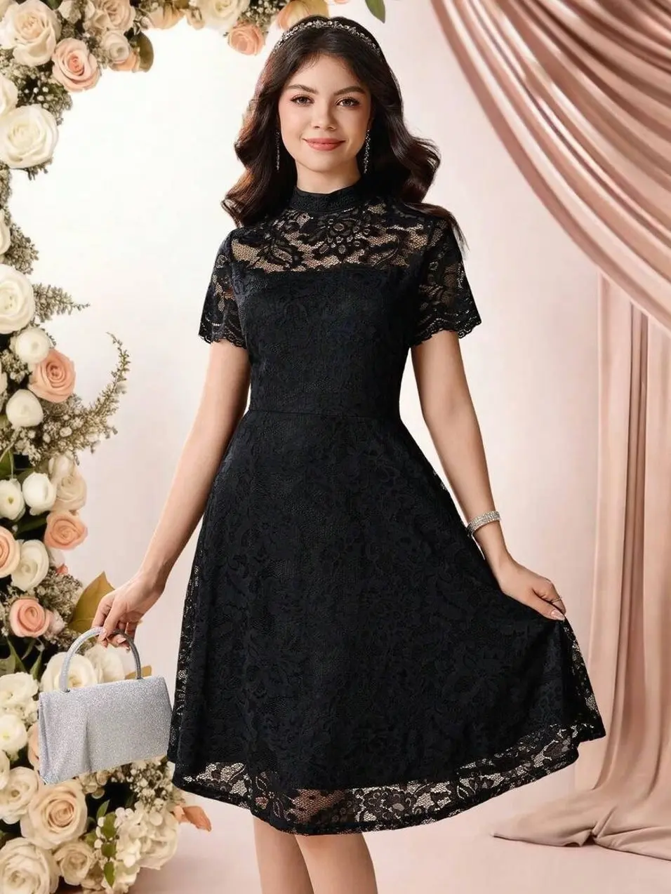 Teen Girls White Lace Patchwork Chiffon Dress, Elegant Midi Hem Formal Wedding Party Prom Holiday Dress