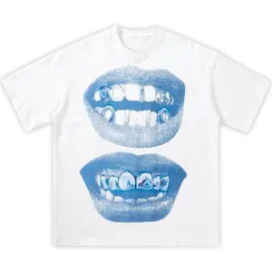 Double Blue Lips Grillz Boxy Cotton Tee Shirt Boxy Shirt , fashion, streetwear, unisex, men, cotton, crew neck