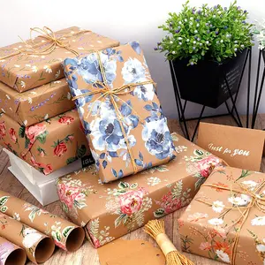 Large Roll 43x300cm Kraft Paper Floral Gift Wrapping Paper, Vintage Daisy Lavender Rose Blue Wildflower Pattern, Wedding Birthday Holiday Gift Wrap, Gift Wrapping Supplies