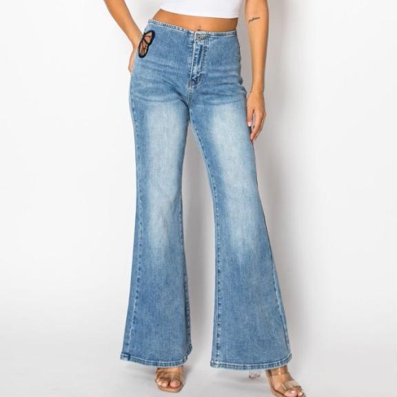 Vanessa CANANA Women's High Rise Stretch Flared Jeans - Mid Wash with Butterfly Embroidery, Minimalist Denim Pants SH25F04