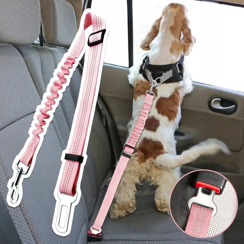 Pet Car Harness with Nylon Strap, Rust-Resist Hook, Adjustable Dog & Cat Leash, Elastic Bungee Buffer, Reflective Design, Prevents Jumping, Pet Accessory