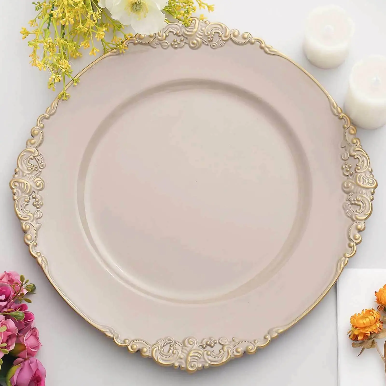 6-Pack Acrylic Charger Plates 13" Round Nude Taupe with Gold Embossed Baroque Rim - Antique Decorative Dinner Tableware