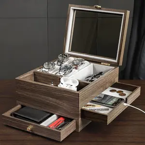 Watch Box for Men Jewelry Organizer with Real Glass Watch Case for Ring, Bracelet, Watch, Necklace, Earrings, and Accessories