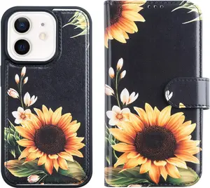 Designed for iPhone 11 Wallet Case - Detachable Flip Folio Cover - RFID Blocking 4 Card Slots Holder - Premium PU Leather Magnetic Kickstand - Protective Phone Case 6.1", Sunflowers