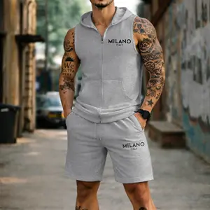 Men's Milano Graphic Sleeveless Hoodie Shorts Set 2 Piece Outfit Zip Up Hooded Vest Drawstring Shorts Summer Casual Gym Workout Streetwear Breathable Lightweight Athletic Lounge Set