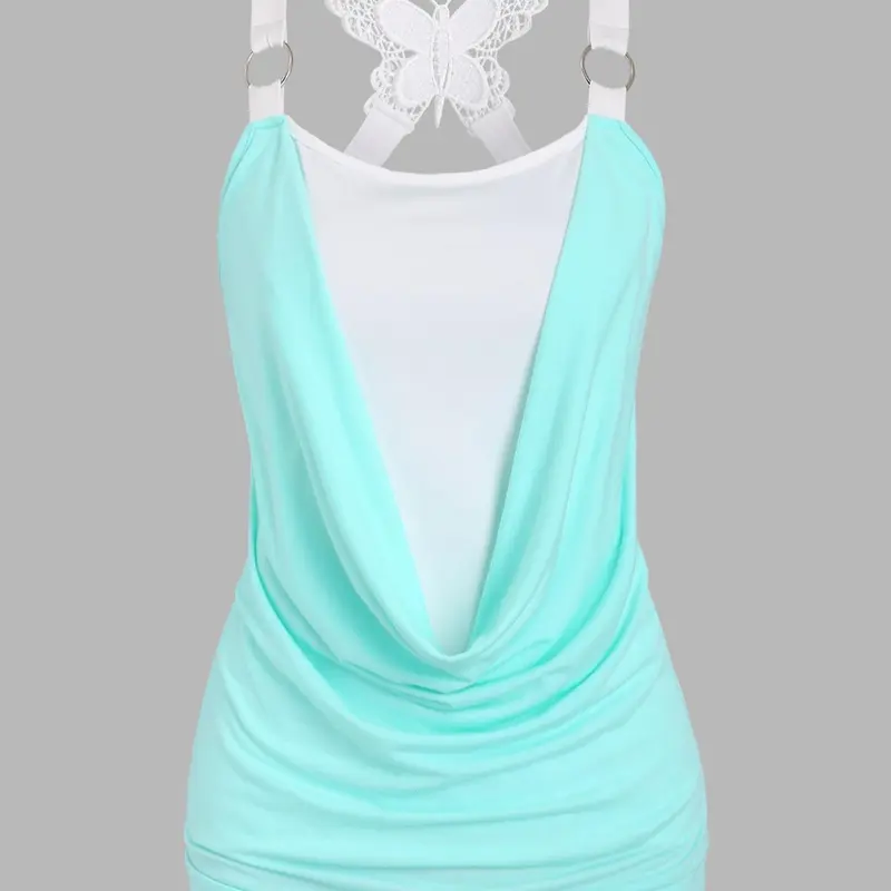 Women's Butterfly Appliques Criss Cross Backless Breathable Jersey Fabric Cami Top, Camisole Top, Casual Chic Draped Cowl Neck Sleeveless Stretchy Fit Top, Women's Summer Clothes for Daily Wear, Casual Fitted Sleeveless, Casual Sleeveless Tops, Womenswear