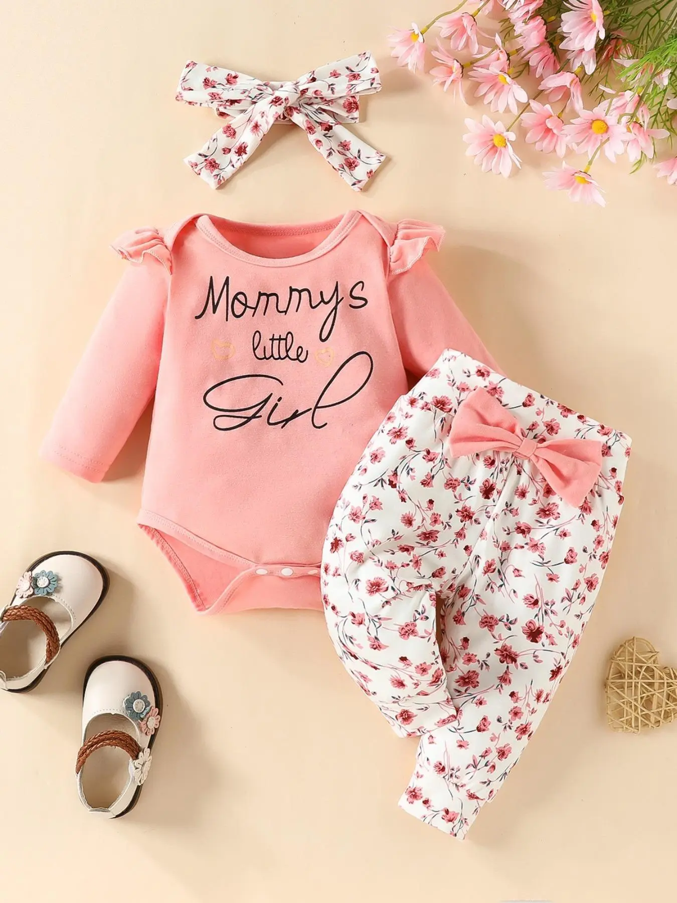 Girl's Letter Print Long Sleeve Bodysuit & Bow Decor Pants with Hairband, Cute Gift Sets for Little Girls, Kids Clothes for Fall
