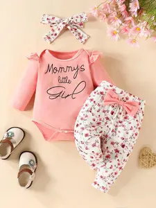 Girl's Letter Print Long Sleeve Bodysuit & Bow Decor Pants with Hairband, Cute Outfit Sets for Little Girls, Kids Clothes, Baby Clothing for Fall Special Gift Set