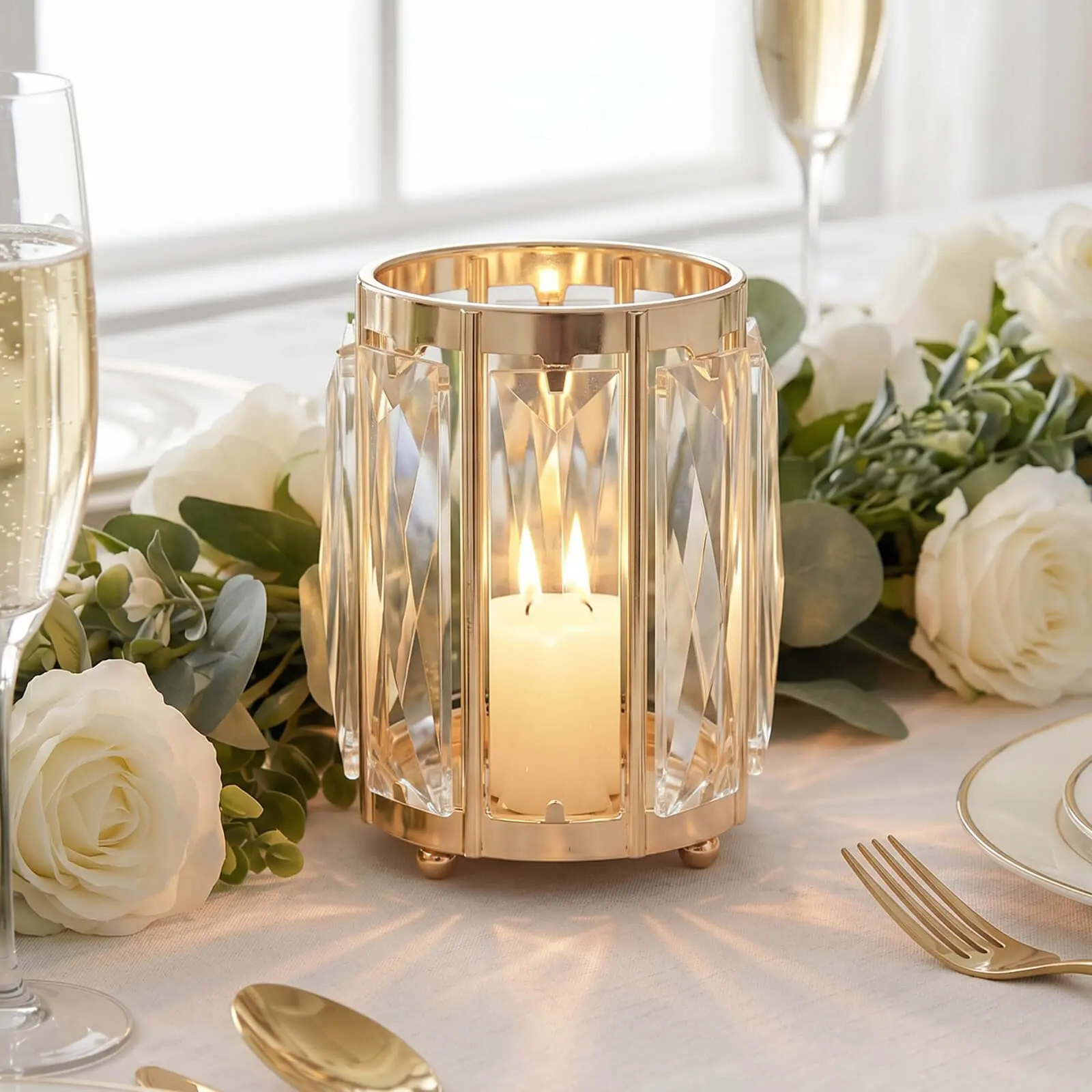 6 Pack 5" Gold Pillar Candle Holders, Metal Frame Cylinder Cups with Faceted Crystal Pendant Panels